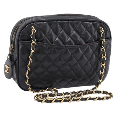 CHANEL Matelasse Chain Shoulder Bag Lamb Skin Black Gold Tone CC Auth BA16161