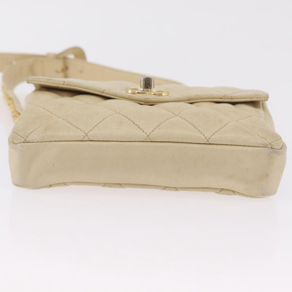 CHANEL Matelasse Waist Bag Lamb Skin Beige Gold Tone CC Auth BA16179