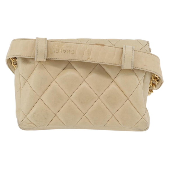 CHANEL Matelasse Waist Bag Lamb Skin Beige Gold Tone CC Auth BA16179