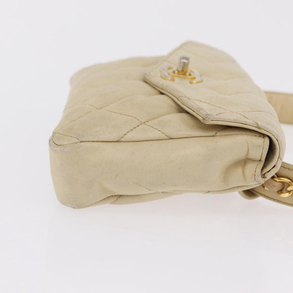 CHANEL Matelasse Waist Bag Lamb Skin Beige Gold Tone CC Auth BA16179