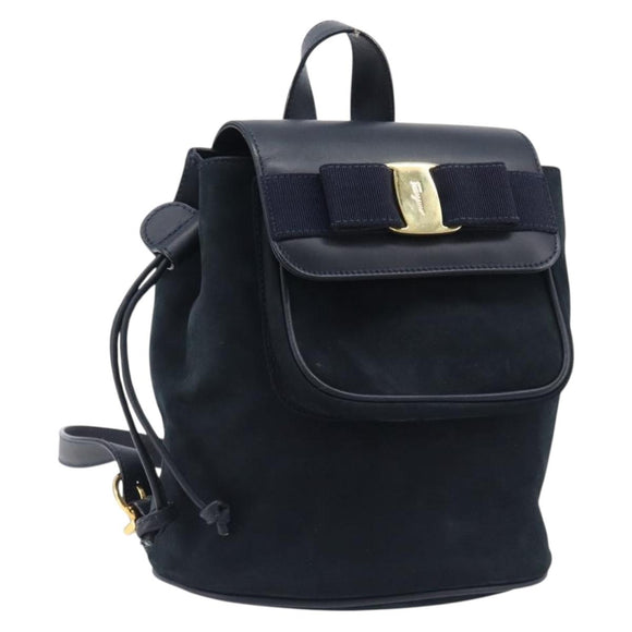 Salvatore Ferragamo Vala Backpack Suede Navy Gold Tone Auth BA16198
