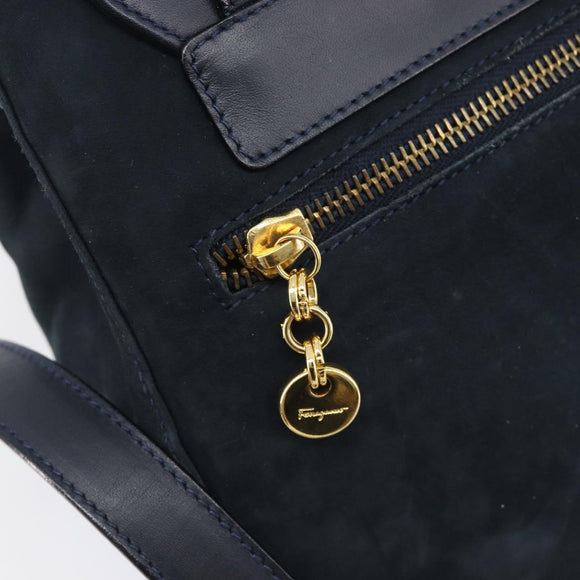 Salvatore Ferragamo Vala Backpack Suede Navy Gold Tone Auth BA16198