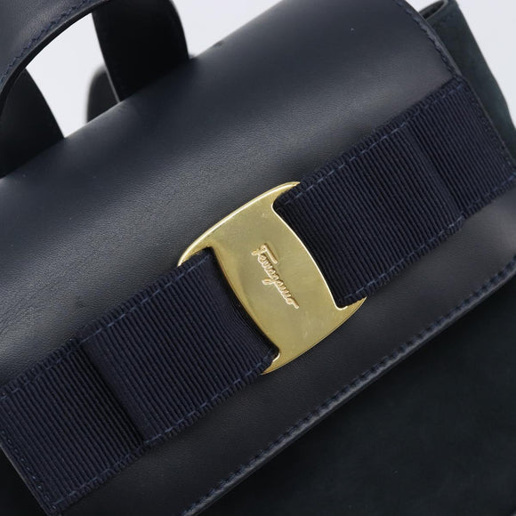 Salvatore Ferragamo Vala Backpack Suede Navy Gold Tone Auth BA16198