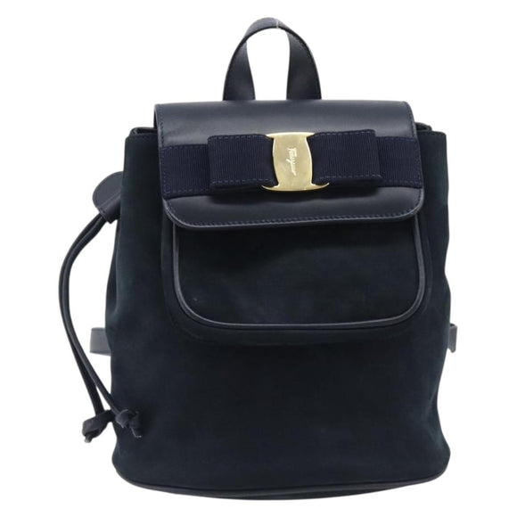 Salvatore Ferragamo Vala Backpack Suede Navy Gold Tone Auth BA16198