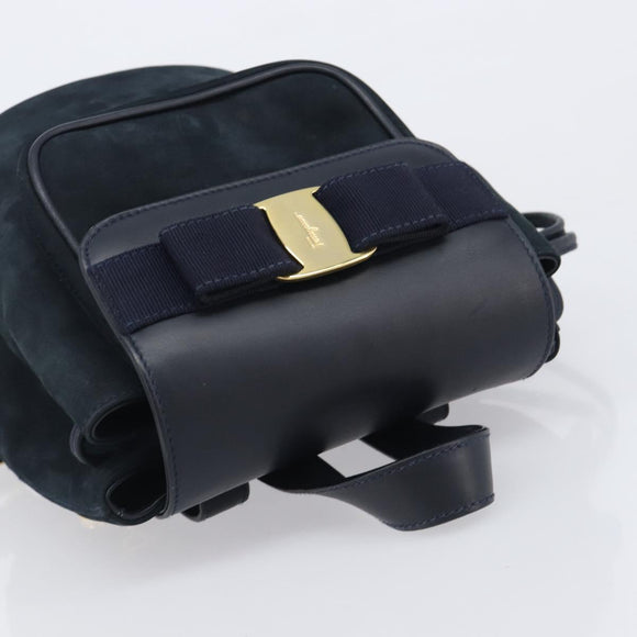 Salvatore Ferragamo Vala Backpack Suede Navy Gold Tone Auth BA16198
