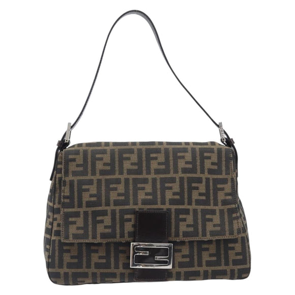 FENDI Zucca Canvas Mamma Baguette Shoulder Bag Black Silver Auth BA16202V