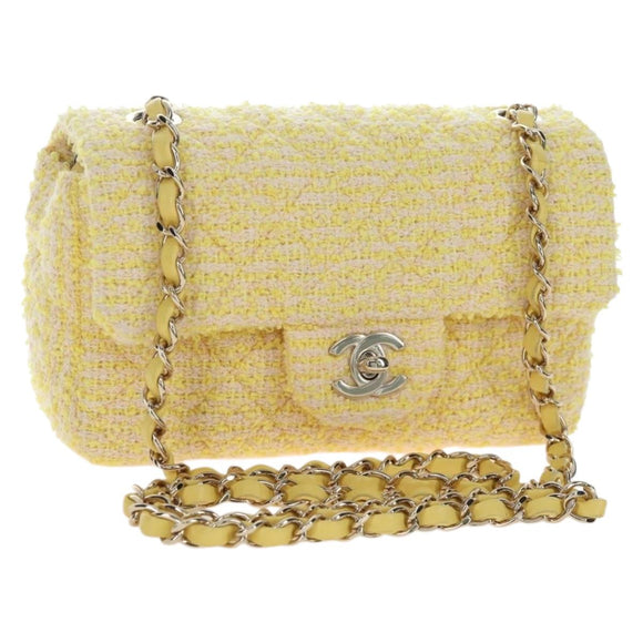 CHANEL Mini Matelasse Chain Shoulder Bag Tweed Yellow Gold CC Auth BA16205SM