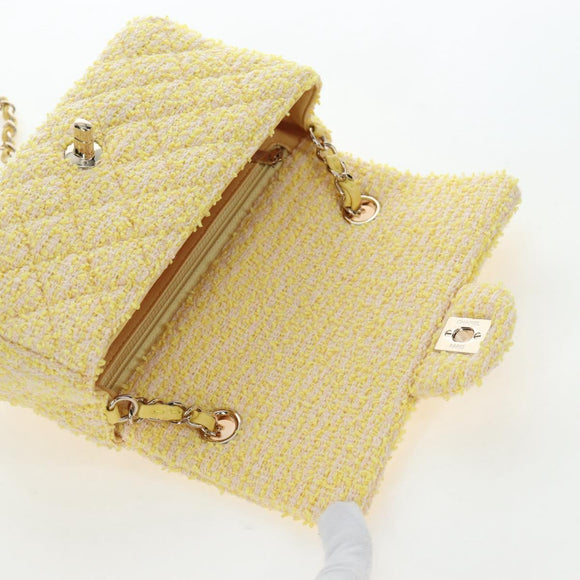 CHANEL Mini Matelasse Chain Shoulder Bag Tweed Yellow Gold CC Auth BA16205SM
