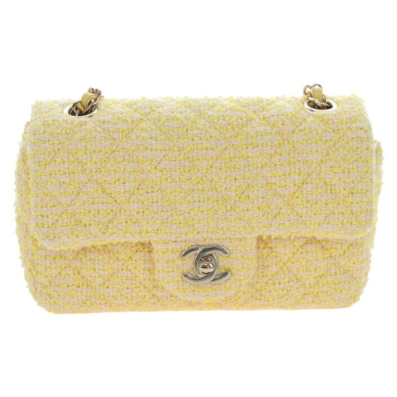 CHANEL Mini Matelasse Chain Shoulder Bag Tweed Yellow Gold CC Auth BA16205SM