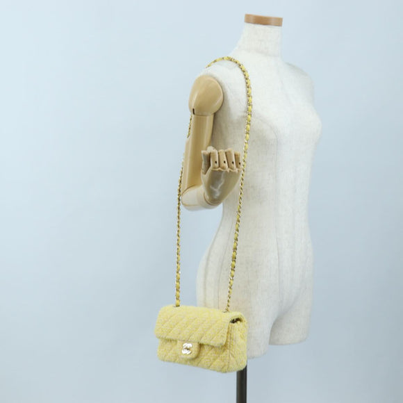 CHANEL Mini Matelasse Chain Shoulder Bag Tweed Yellow Gold CC Auth BA16205SM