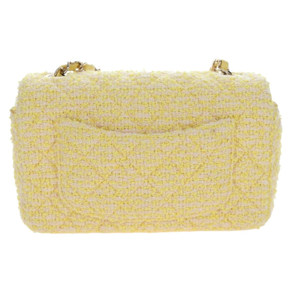 CHANEL Mini Matelasse Chain Shoulder Bag Tweed Yellow Gold CC Auth BA16205SM