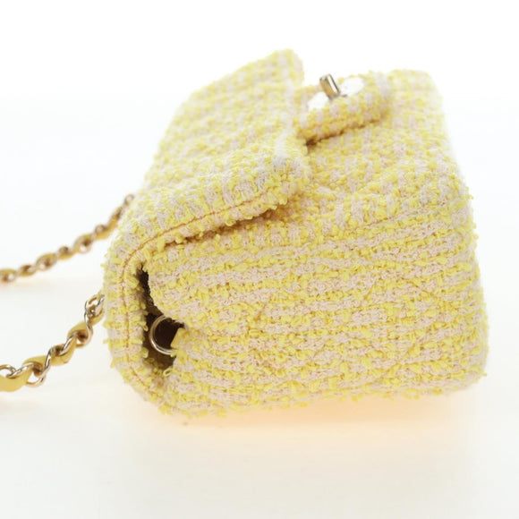 CHANEL Mini Matelasse Chain Shoulder Bag Tweed Yellow Gold CC Auth BA16205SM