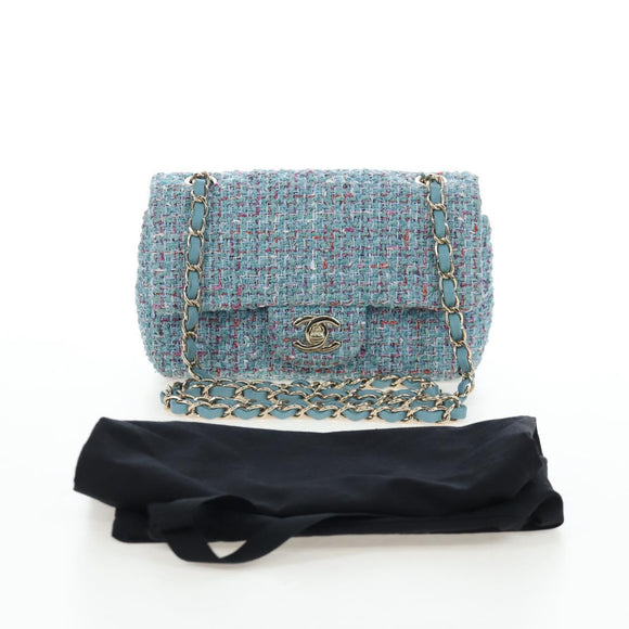 CHANEL Chanel 19 Dixneuf Chain Shoulder Bag Tweed Blue Gold CC Auth BA16208SM