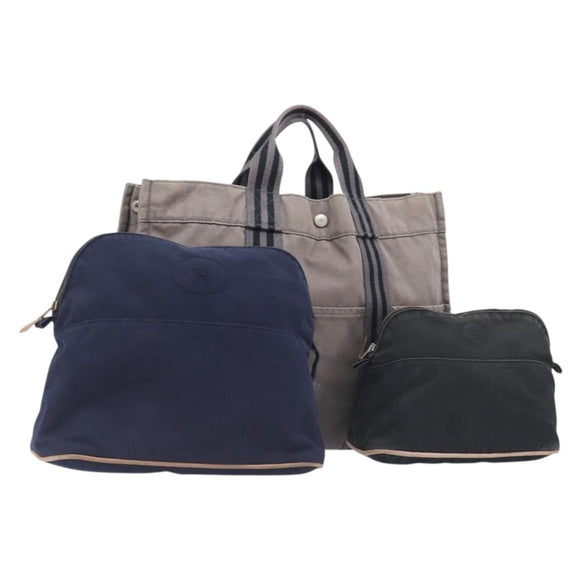 HERMES Pouch Hand Bag Canvas 3 Set Black Navy Auth BA16223