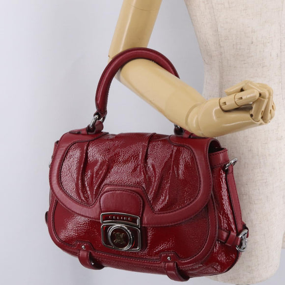 CELINE Boogie Bag Hand Bag Patent Red Silver Auth BA16250A
