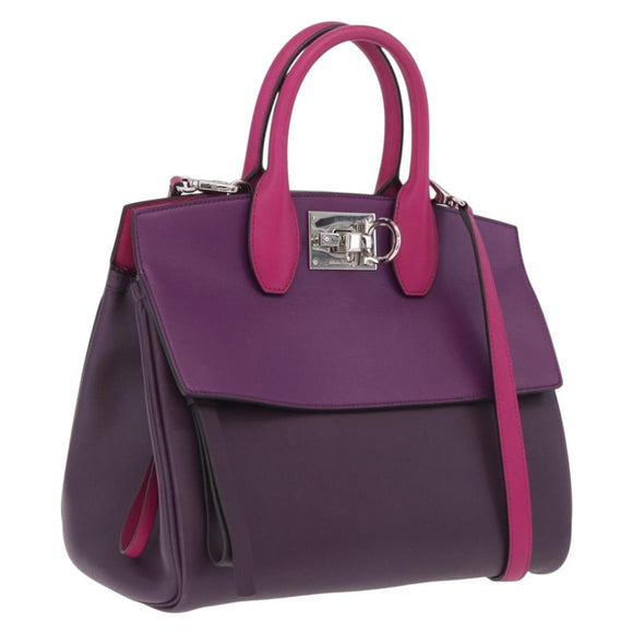 Salvatore Ferragamo Studio Bag Small Leather 2way Purple Silver Auth BA16267V