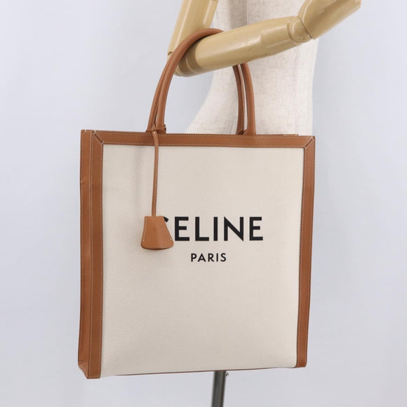 CELINE Vertical Cabas Large Hand Bag Canvas Ivory Gold Tone Auth BA16270M