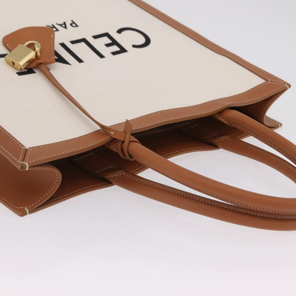 CELINE Vertical Cabas Large Hand Bag Canvas Ivory Gold Tone Auth BA16270M