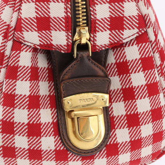 PRADA Hand Bag Canvas Red Gold Tone Auth BA16272V