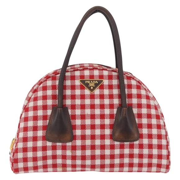 PRADA Hand Bag Canvas Red Gold Tone Auth BA16272V