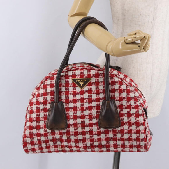 PRADA Hand Bag Canvas Red Gold Tone Auth BA16272V
