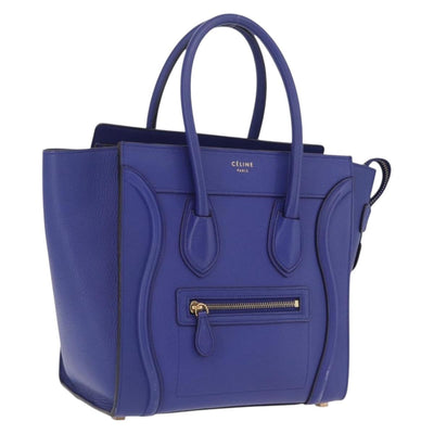 CELINE Luggage Micro Shopper Hand Bag Leather Blue Gold Tone Auth BA16273V