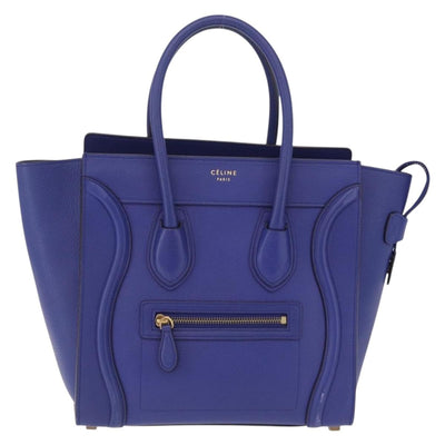 CELINE Luggage Micro Shopper Hand Bag Leather Blue Gold Tone Auth BA16273V - 0