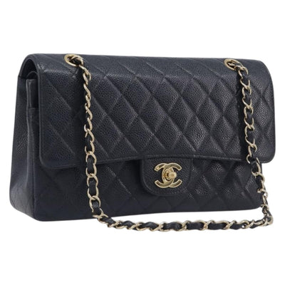 CHANEL Matelasse 25 Double Flap Chain Shoulder Bag Caviar Skin Auth BA16281SM