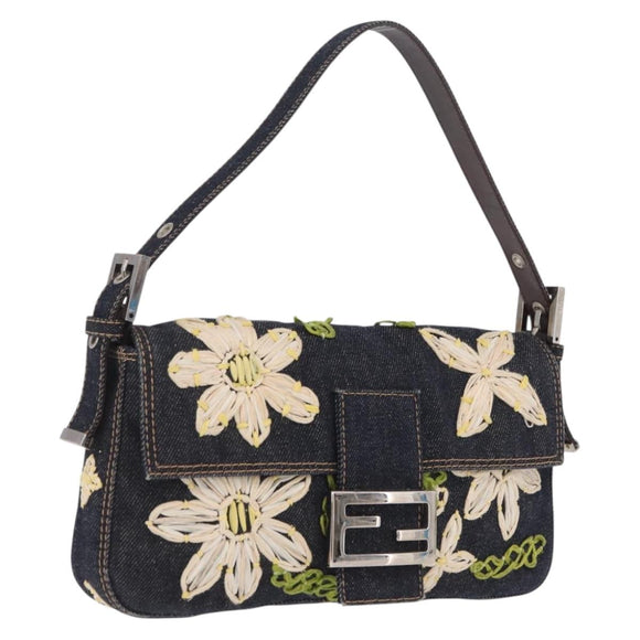 FENDI Mamma Baguette Shoulder Bag Denim Navy Silver Auth BA16282SAM