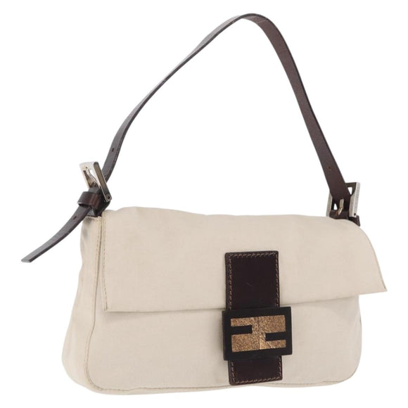 FENDI Mamma Baguette Shoulder Bag cotton Ivory Silver Auth BA16283
