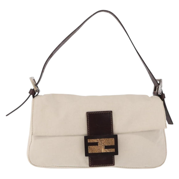 FENDI Mamma Baguette Shoulder Bag cotton Ivory Silver Auth BA16283