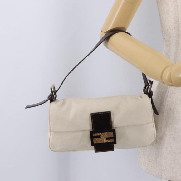 FENDI Mamma Baguette Shoulder Bag cotton Ivory Silver Auth BA16283