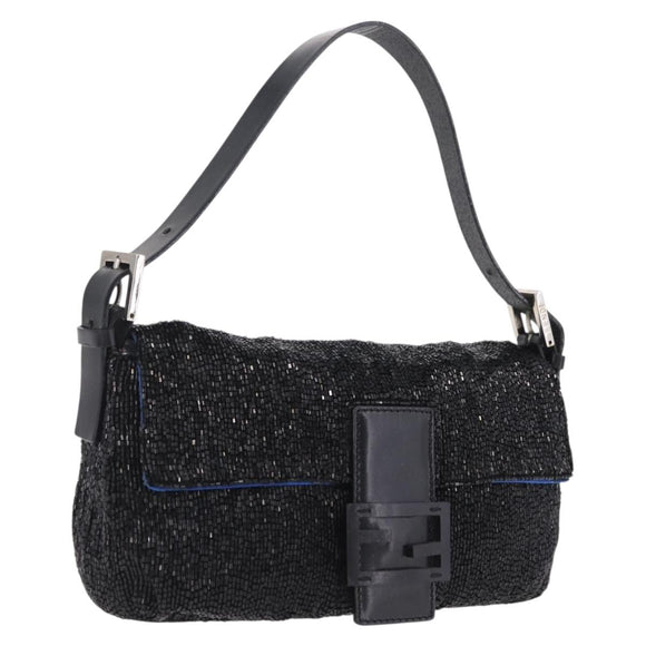 FENDI Mamma Baguette Shoulder Bag Beads Black Silver Auth BA16285SAM