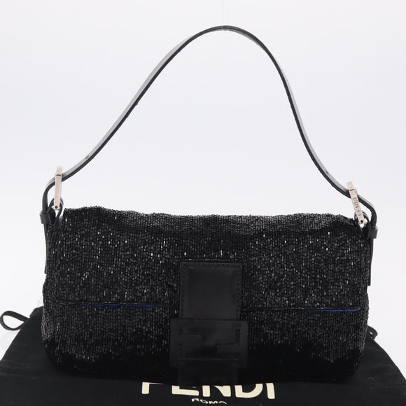 FENDI Mamma Baguette Shoulder Bag Beads Black Silver Auth BA16285SAM