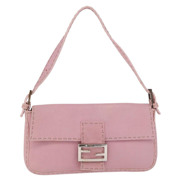 FENDI Selleria Mamma Baguette Shoulder Bag Leather Pink Silver Auth BA16287V