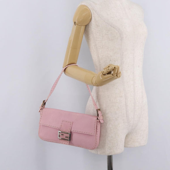 FENDI Selleria Mamma Baguette Shoulder Bag Leather Pink Silver Auth BA16287V