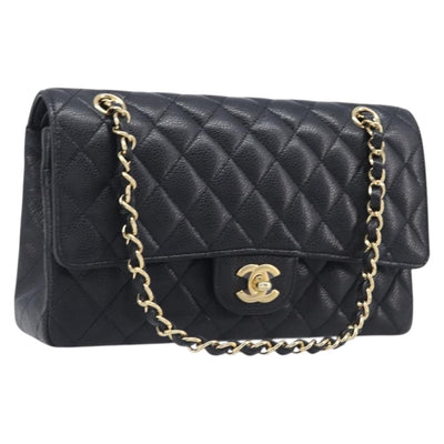 CHANEL Matelasse 25 Chain Shoulder Bag Caviar Skin Black Gold CC Auth BA16288SM