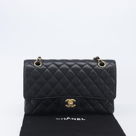CHANEL Matelasse 25 Chain Shoulder Bag Caviar Skin Black Gold CC Auth BA16288SM
