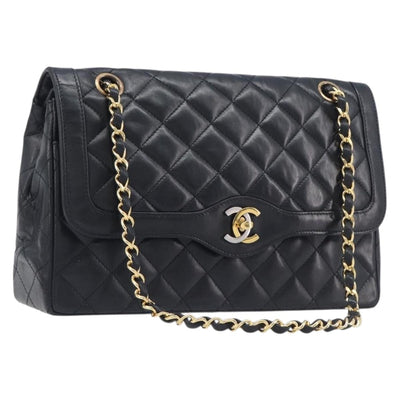 CHANEL Matelasse Chain Shoulder Bag Lamb Skin Paris limited Black Auth BA16289SM