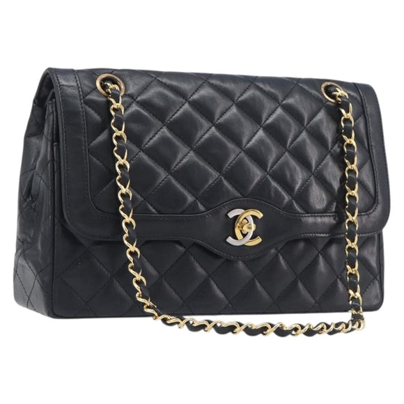 CHANEL Matelasse Chain Shoulder Bag Lamb Skin Paris limited Black Auth BA16289SM