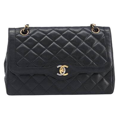 CHANEL Matelasse Chain Shoulder Bag Lamb Skin Paris limited Black Auth BA16289SM - 0