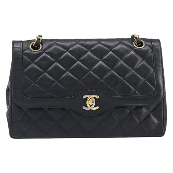 CHANEL Matelasse Chain Shoulder Bag Lamb Skin Paris limited Black Auth BA16289SM