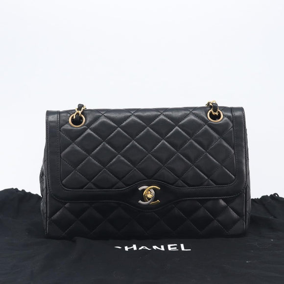 CHANEL Matelasse Chain Shoulder Bag Lamb Skin Paris limited Black Auth BA16289SM
