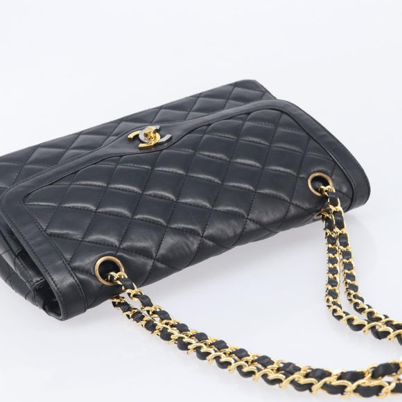 CHANEL Matelasse Chain Shoulder Bag Lamb Skin Paris limited Black Auth BA16289SM