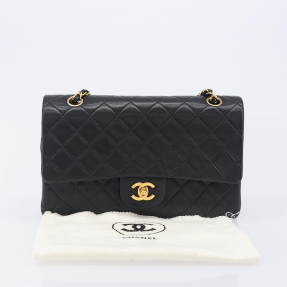 CHANEL Matelasse 25 Chain Shoulder Bag Lamb Skin Black Gold CC Auth BA16290SM