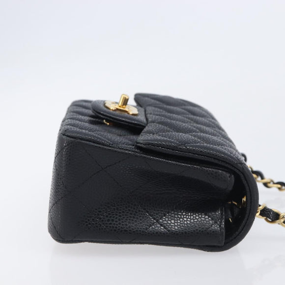 CHANEL Mini Matelasse 17 Chain Shoulder Bag Caviar Skin Black Auth BA16291SM