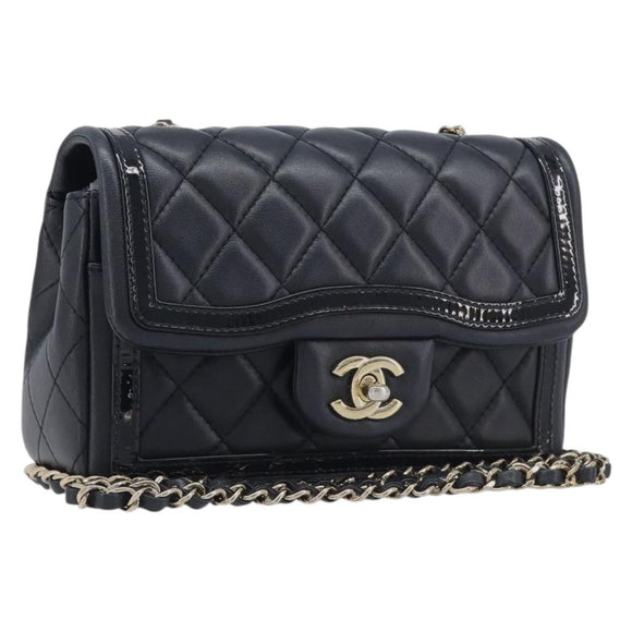 CHANEL Mini Matelasse 20 Chain Shoulder Bag Lamb Skin Black Gold Auth BA16292SM