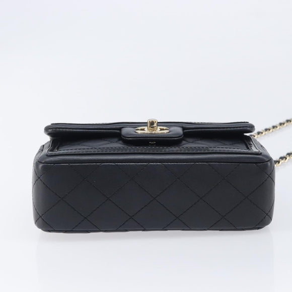 CHANEL Mini Matelasse 20 Chain Shoulder Bag Lamb Skin Black Gold Auth BA16292SM