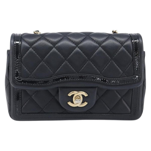 CHANEL Mini Matelasse 20 Chain Shoulder Bag Lamb Skin Black Gold Auth BA16292SM