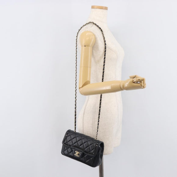 CHANEL Mini Matelasse 20 Chain Shoulder Bag Lamb Skin Black Gold Auth BA16292SM
